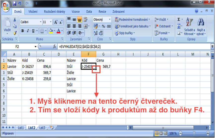 Funkce svyhledat výsledek v programu Excel