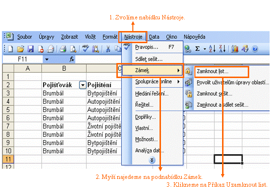 Excel uzamknutí listu